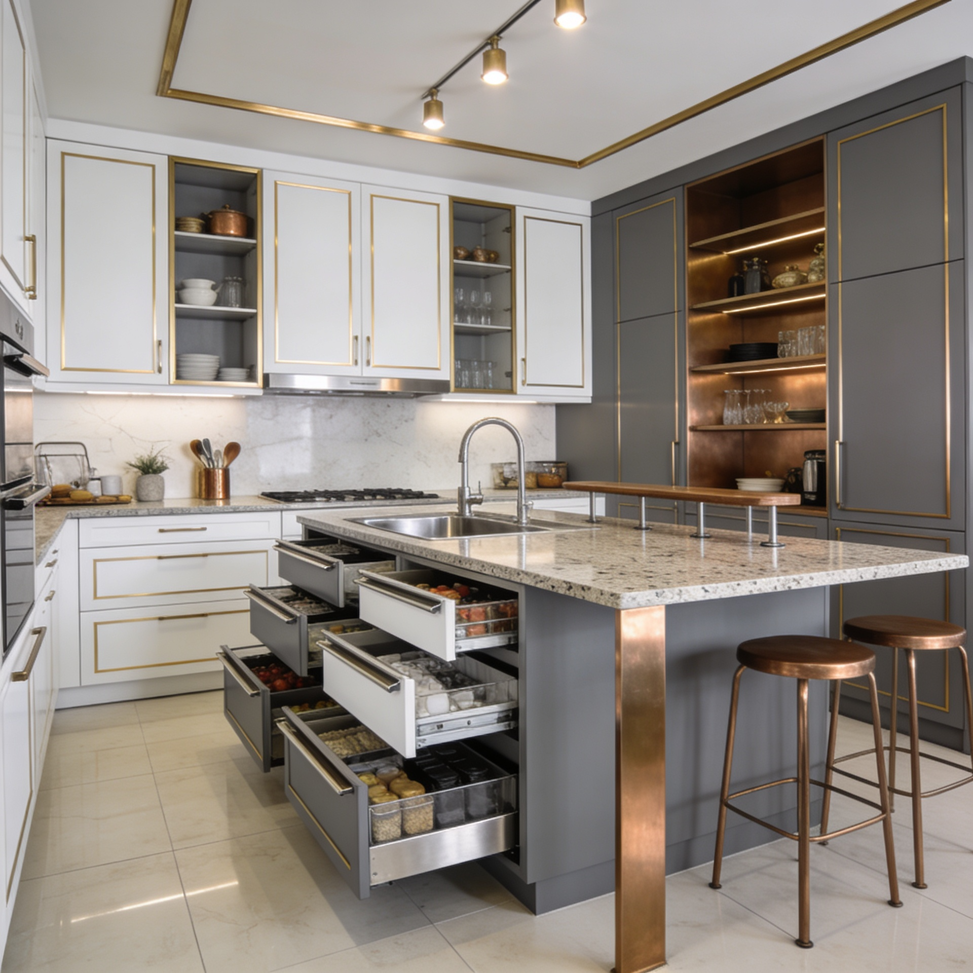 Cocina con isla y almacenamiento funcional